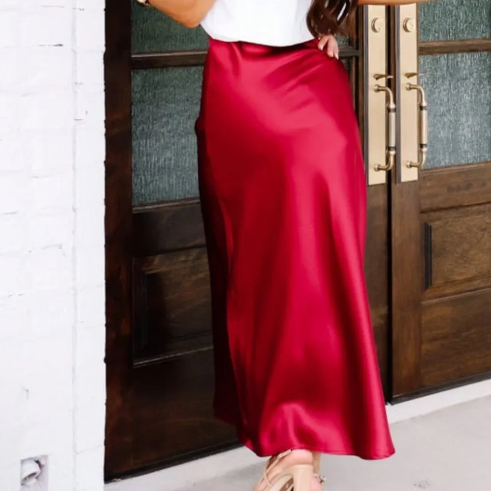glam Ruby Red Satin Maxi Skirt